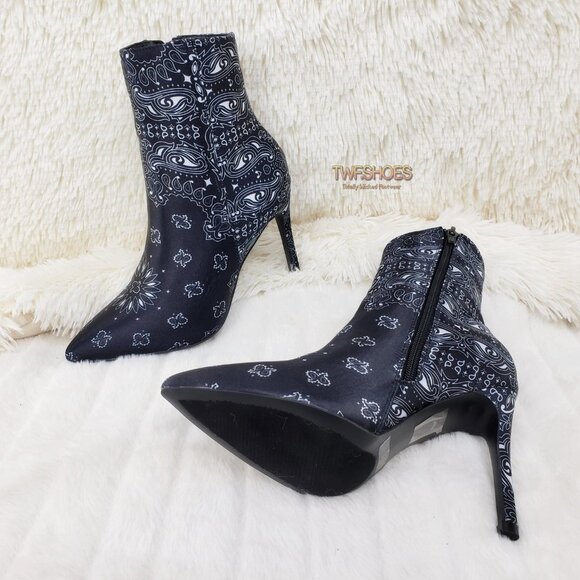 Black Bandanna Bandana High heel Ankle Boots - Picture 3 of 7